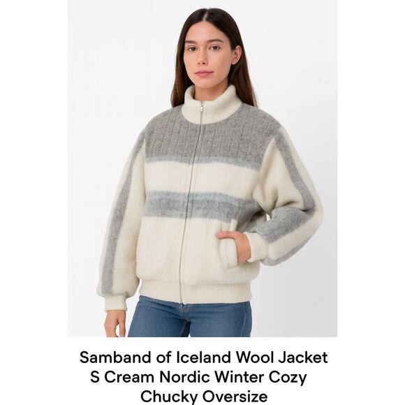 Samband of Iceland 100% Wool Jacket S Cream Nordic Winter Cozy Chunky Oversized - Picture 1 of 13